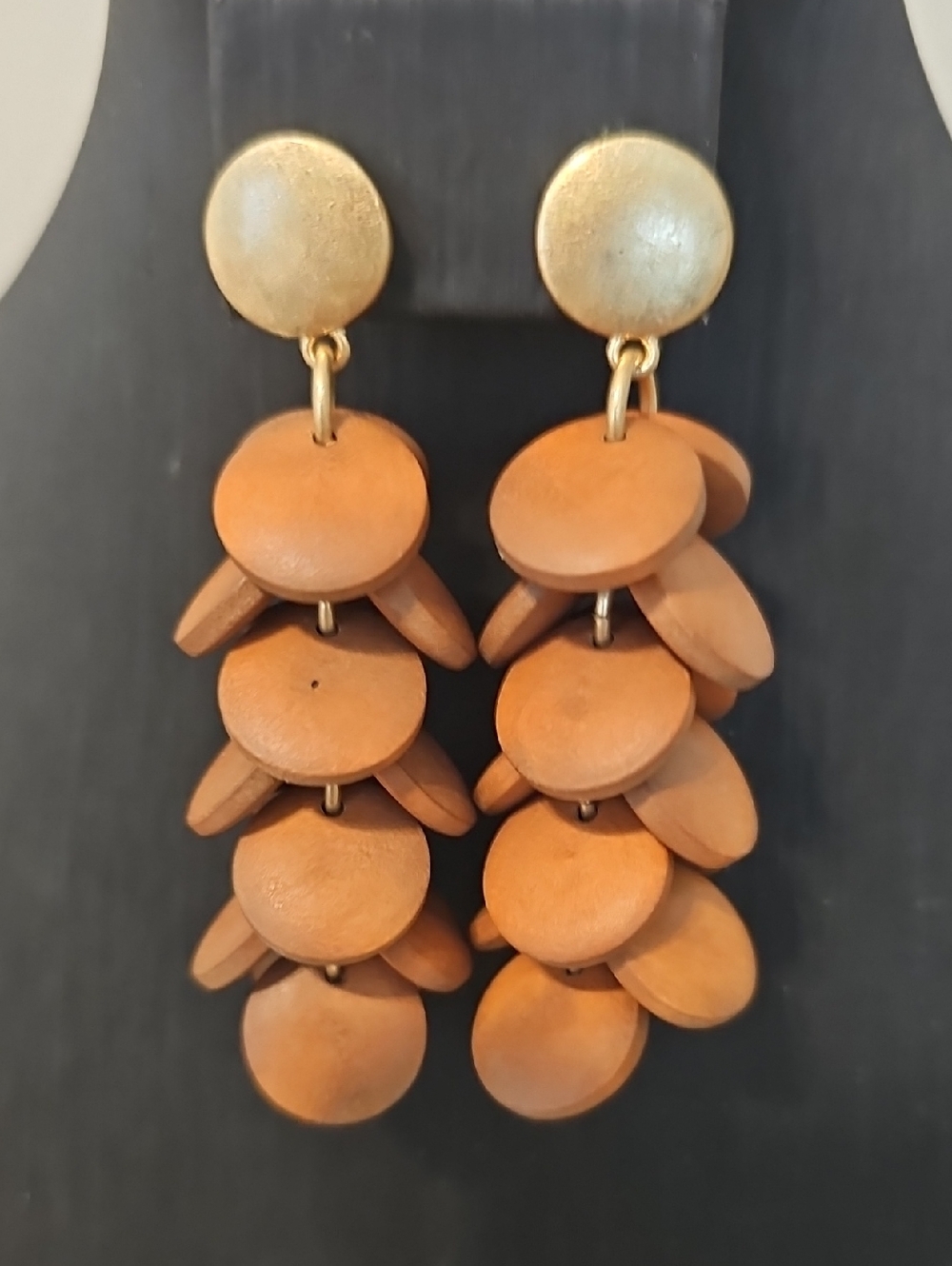 Chico's Brown Wood Disc Cascade Earrings with Gold Tone Studs